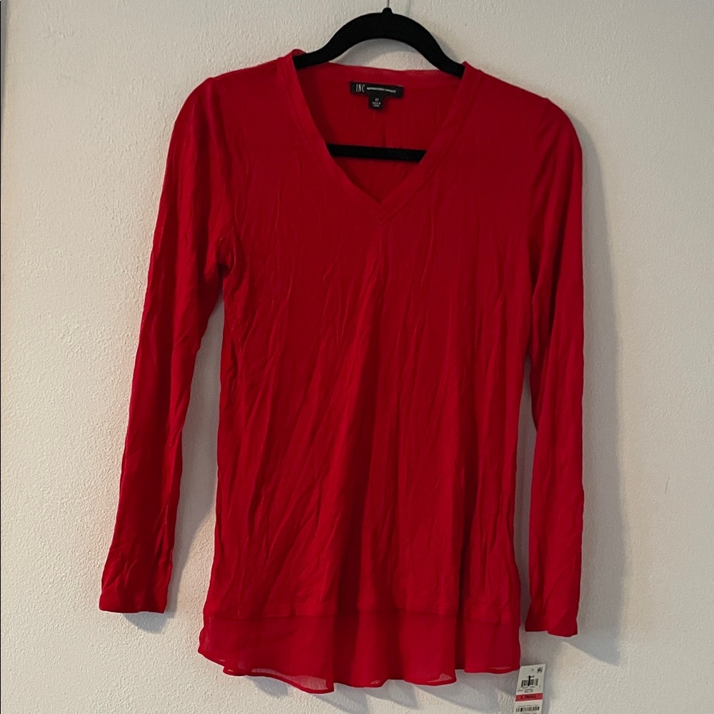 INC International Concepts Vibrant Red V-Neck Blouse NWT